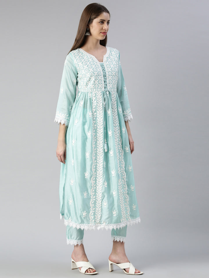 Neerus Blue solid straight kurta set with trouser and dupatta - back view