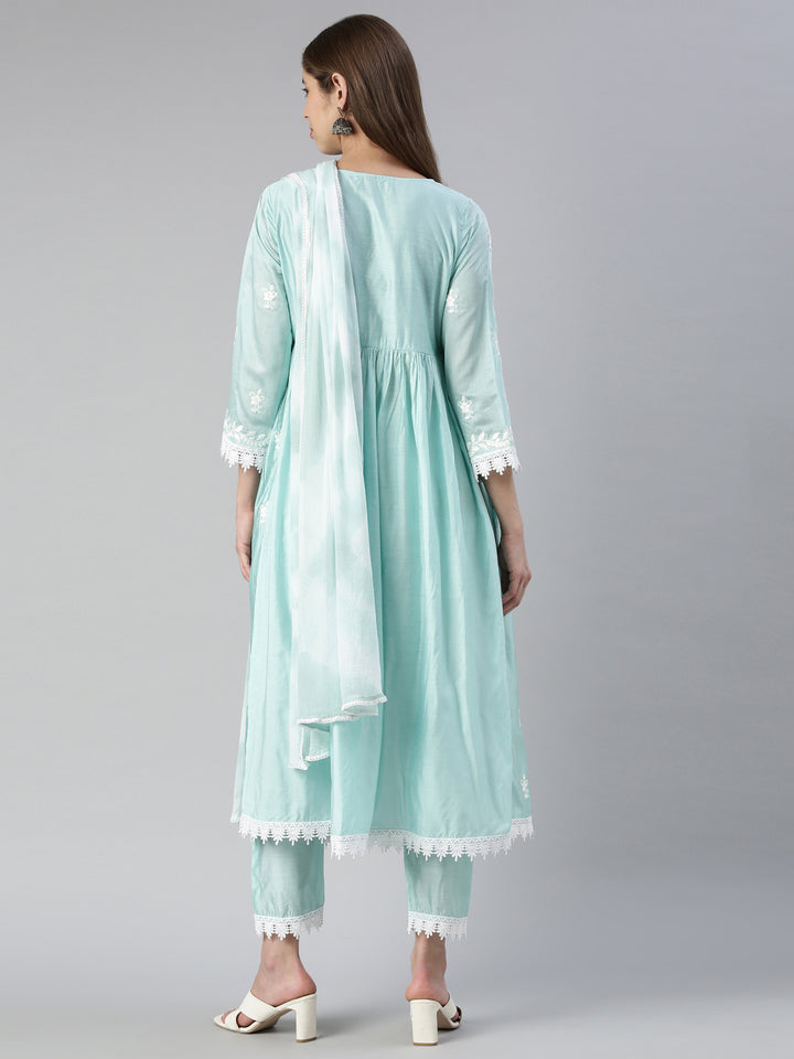 Neerus Blue solid straight kurta set with trouser and dupatta - side view