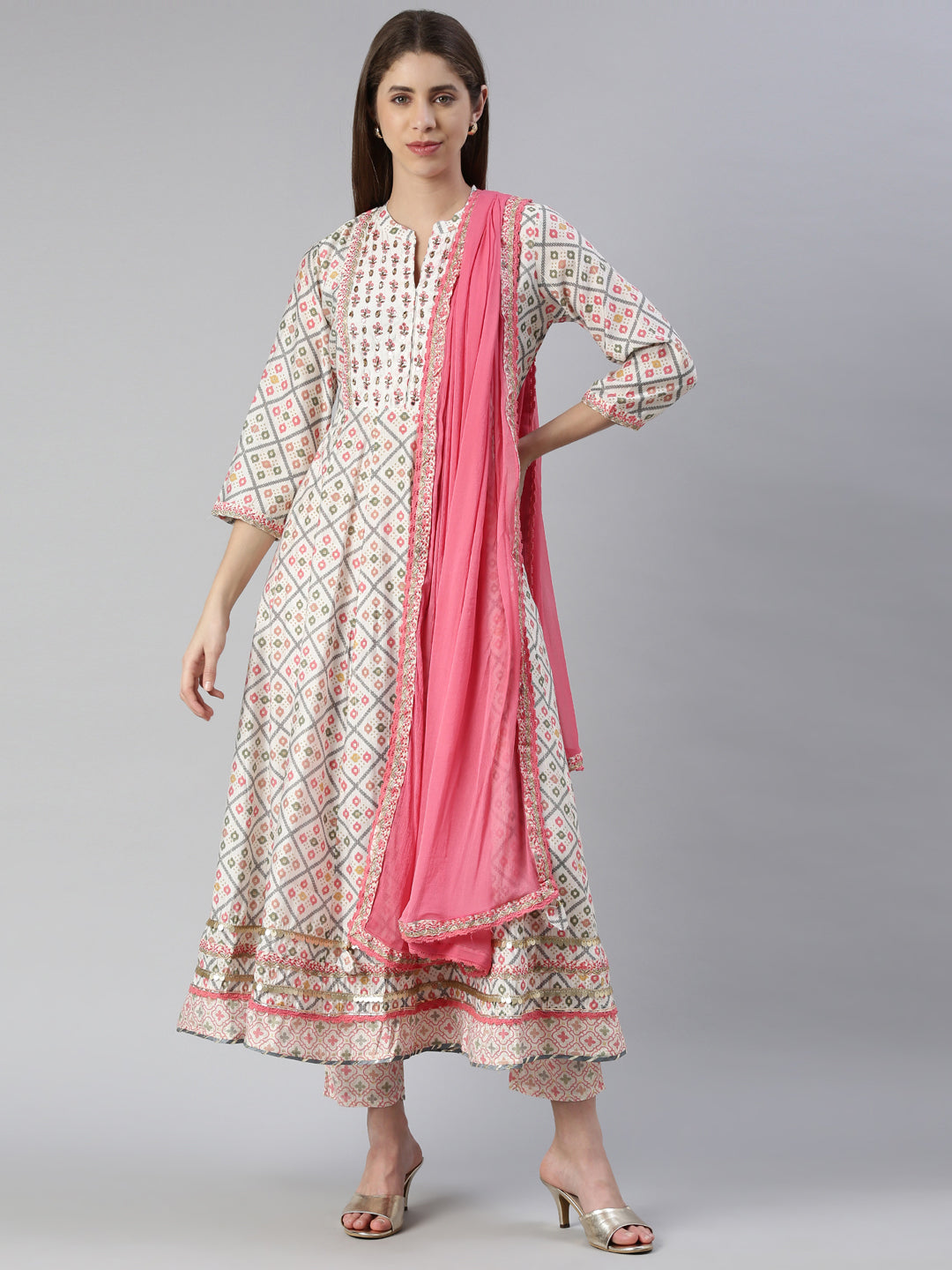 Neerus Multi printed straight kurta set with trouser and dupatta - front view