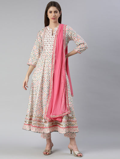 Neerus Women  Printed Solid Calf Length Kurta And Trousers With Dupatta