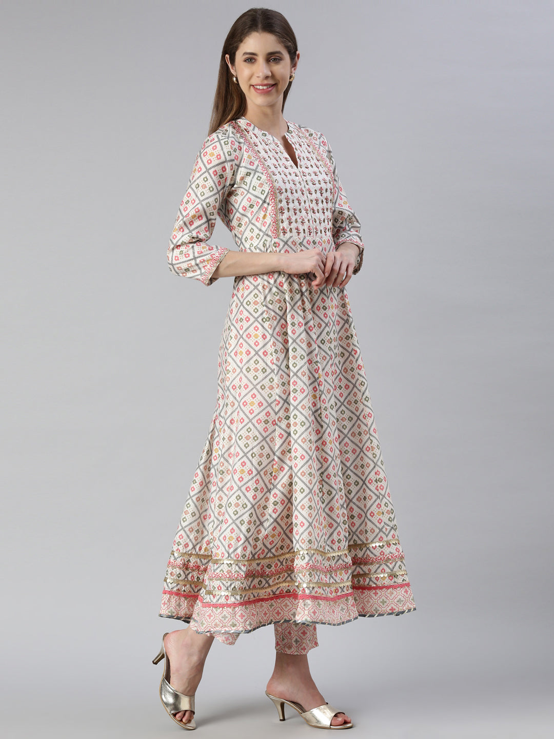 Neerus Women  Printed Solid Calf Length Kurta And Trousers With Dupatta