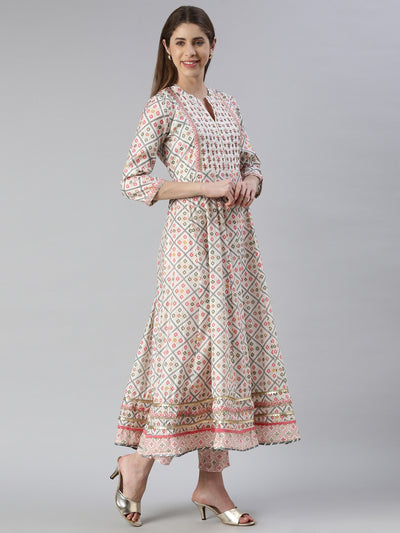 Neerus Women  Printed Solid Calf Length Kurta And Trousers With Dupatta