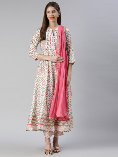 Neerus Women  Printed Solid Calf Length Kurta And Trousers With Dupatta