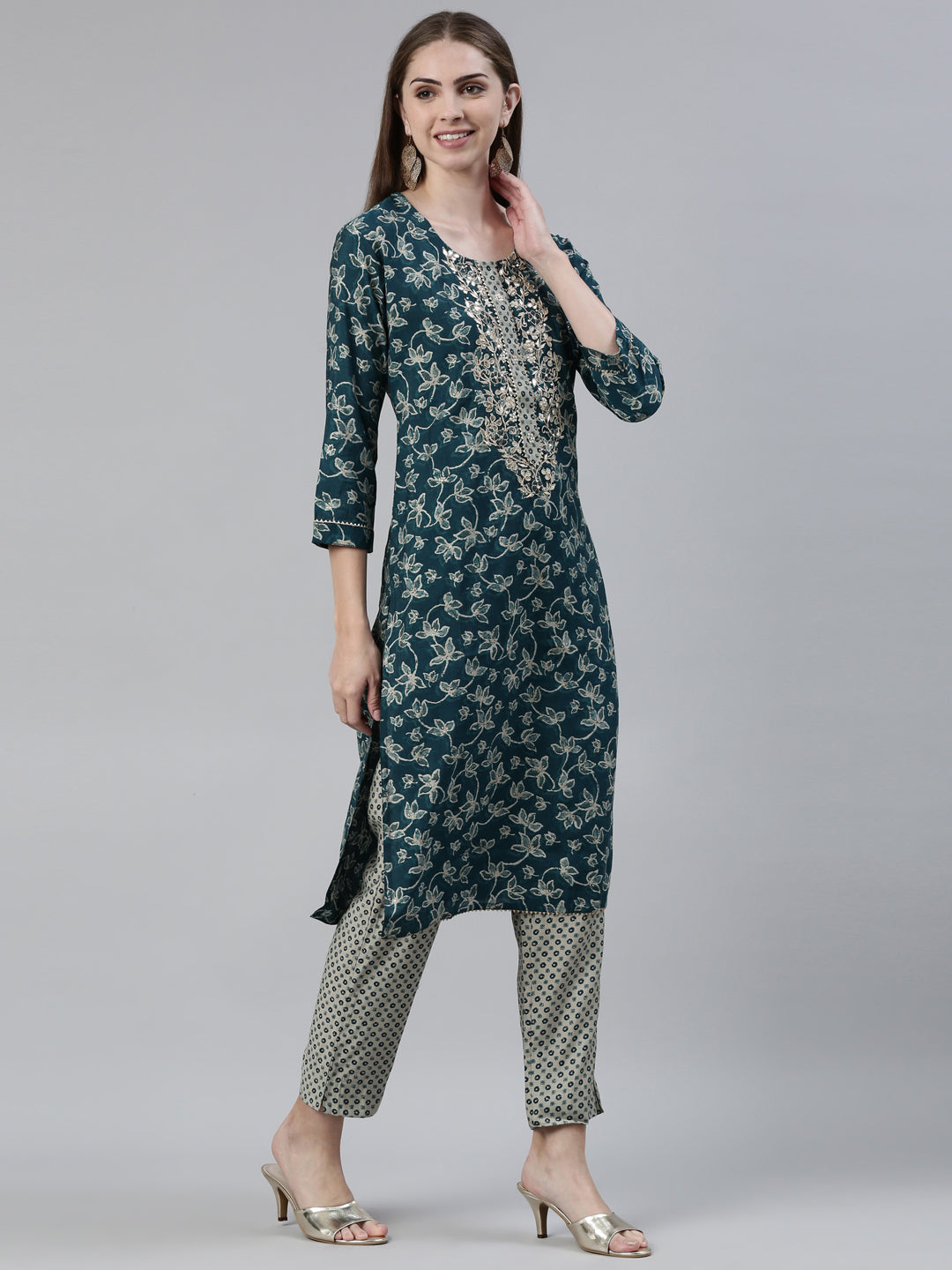 Neerus Green Regular Knee Length Printed Kurta Printed Trousers With Dupatta