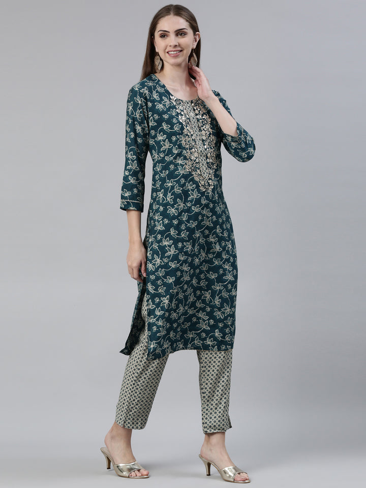 Neerus Green Regular Knee Length Printed Kurta Printed Trousers With Dupatta