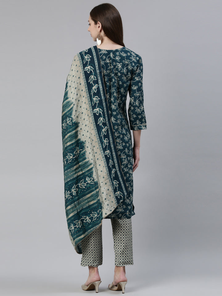 Neerus Green Regular Knee Length Printed Kurta Printed Trousers With Dupatta