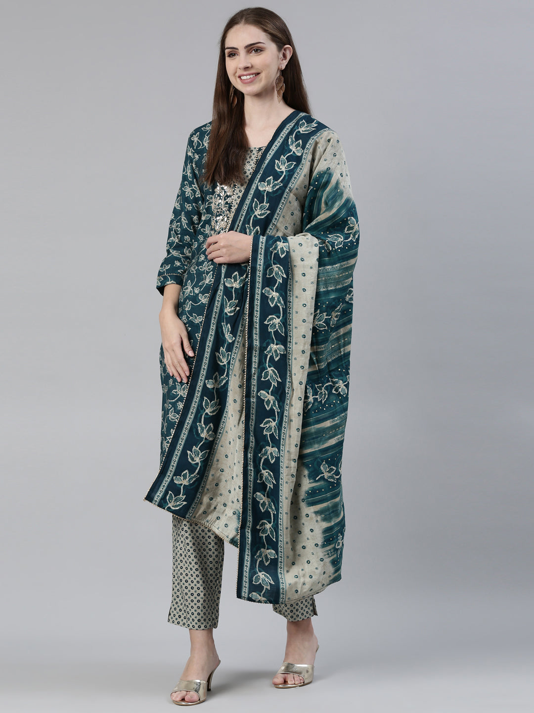 Neerus Green Regular Knee Length Printed Kurta Printed Trousers With Dupatta