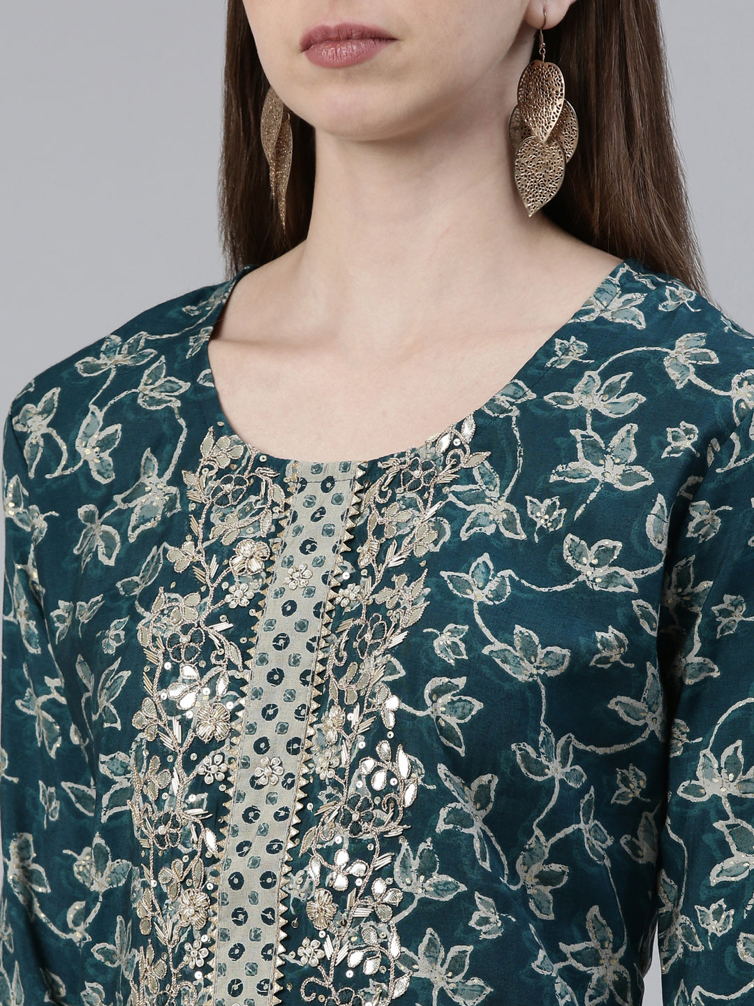 Neerus Green Regular Knee Length Printed Kurta Printed Trousers With Dupatta