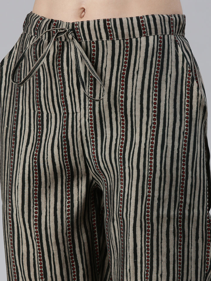 Neerus Olive Regular Knee Length Printed Kurta Printed Trousers With Dupatta