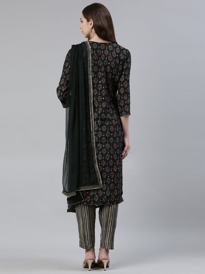 Neerus Olive Regular Knee Length Printed Kurta Printed Trousers With Dupatta