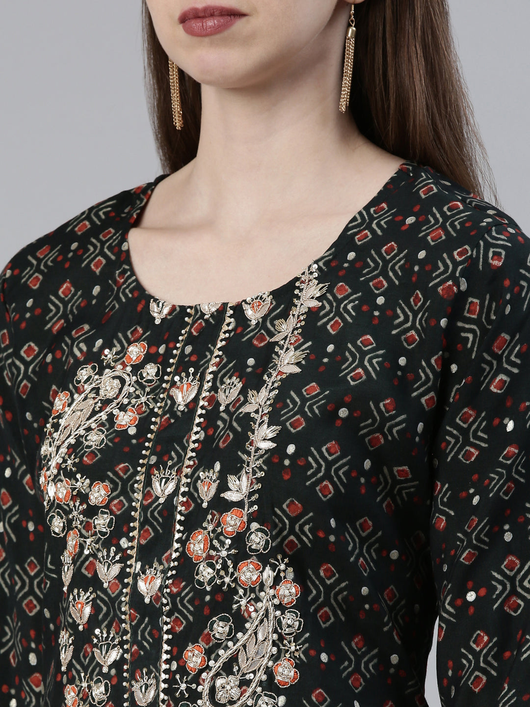 Neerus Olive Regular Knee Length Printed Kurta Printed Trousers With Dupatta