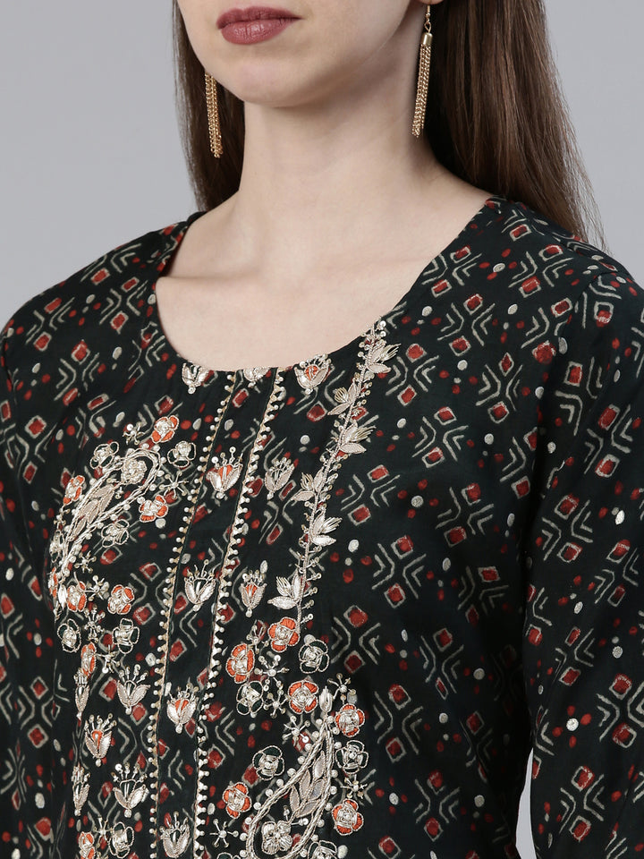 Neerus Olive Regular Knee Length Printed Kurta Printed Trousers With Dupatta