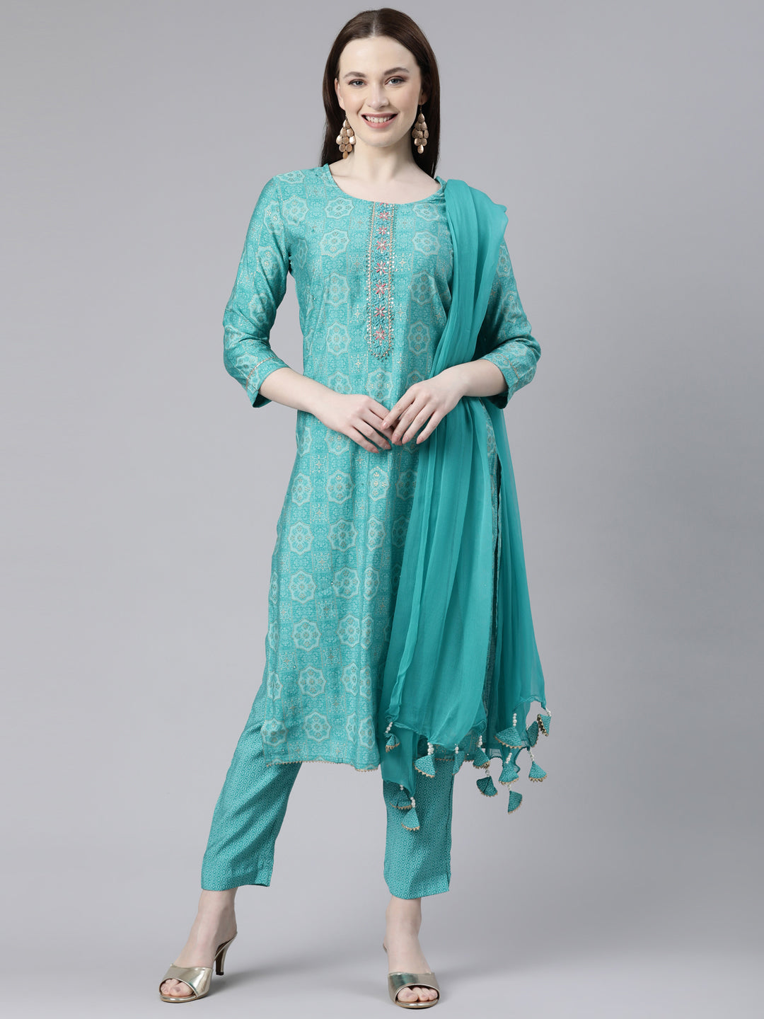 Neerus Green printed kurta set with trouser and dupatta - front view