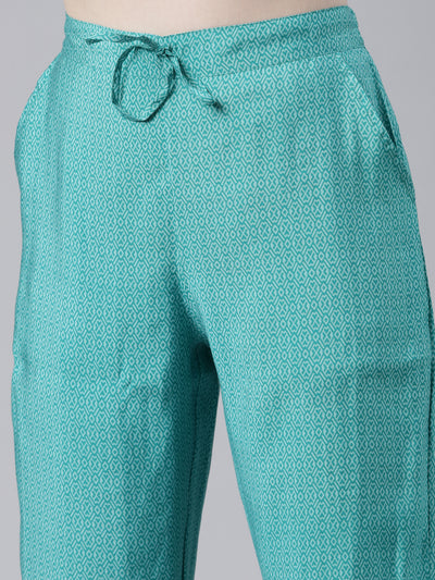 Neerus Green Regular Knee Length Printed Kurta Solid Trousers With Dupatta
