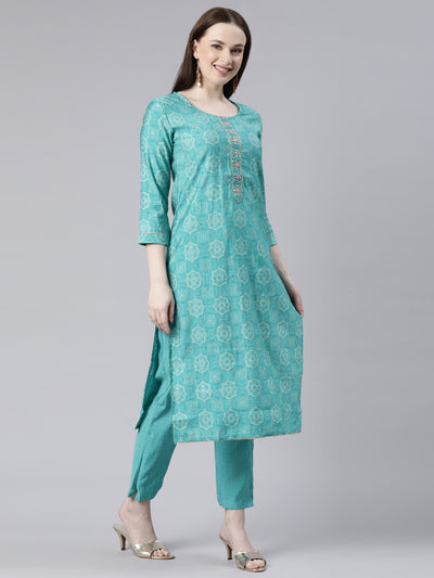 Neerus Green Regular Knee Length Printed Kurta Solid Trousers With Dupatta