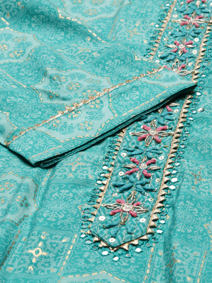Neerus Green printed kurta set with trouser and dupatta - detail view 2