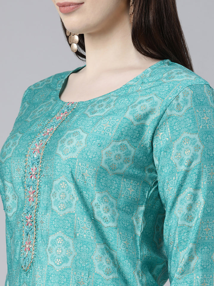 Neerus Green printed kurta set with trouser and dupatta - detail view 1