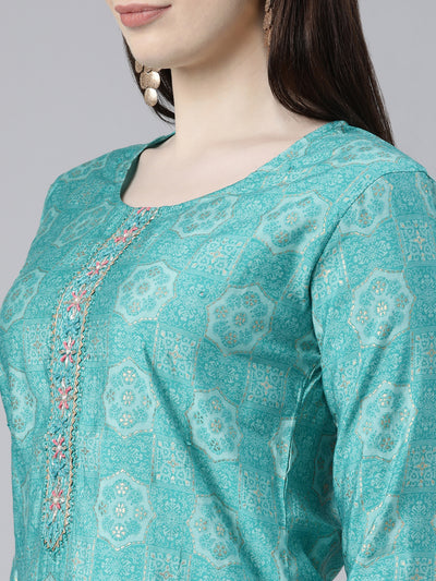 Neerus Green Regular Knee Length Printed Kurta Solid Trousers With Dupatta