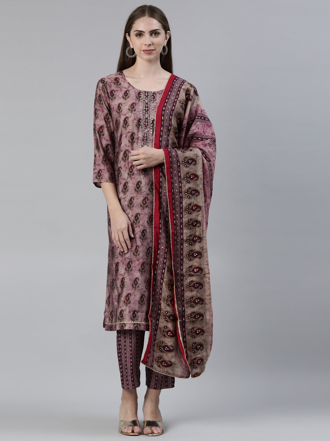 Neerus Purple printed kurta set with trouser and dupatta - front view
