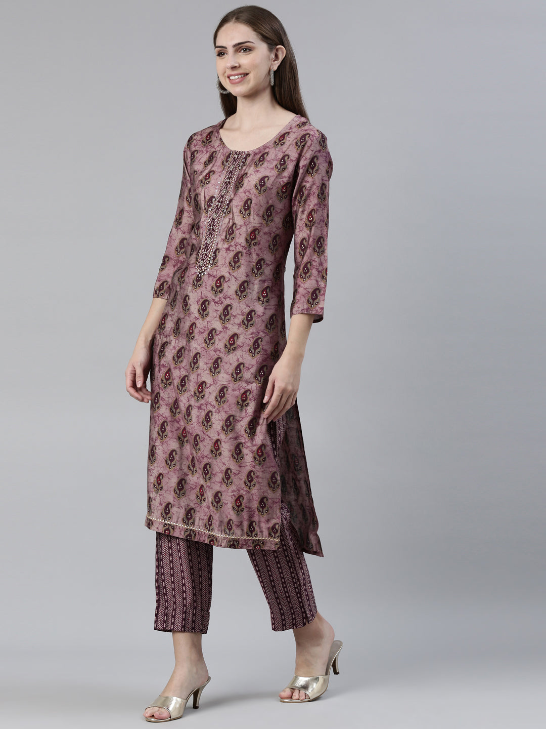 Neerus Purple printed kurta set with trouser and dupatta - back view