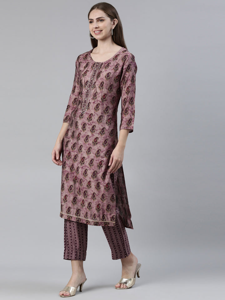 Neerus Purple printed kurta set with trouser and dupatta - back view