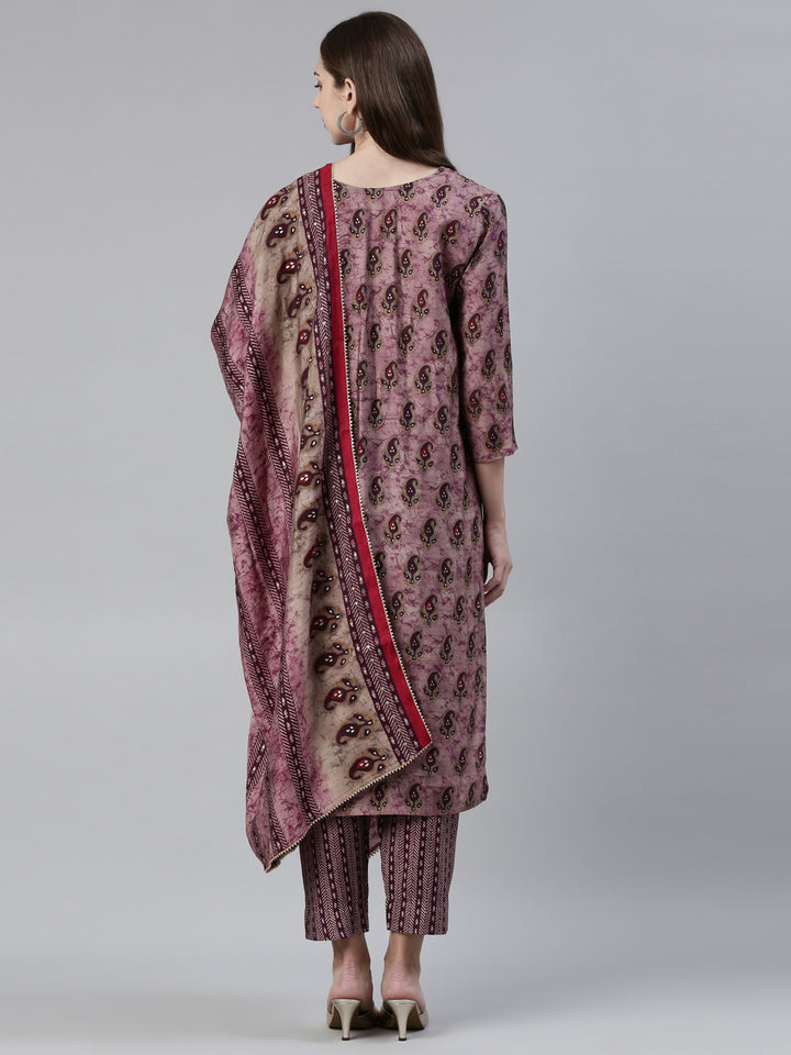 Neerus Purple printed kurta set with trouser and dupatta - side view