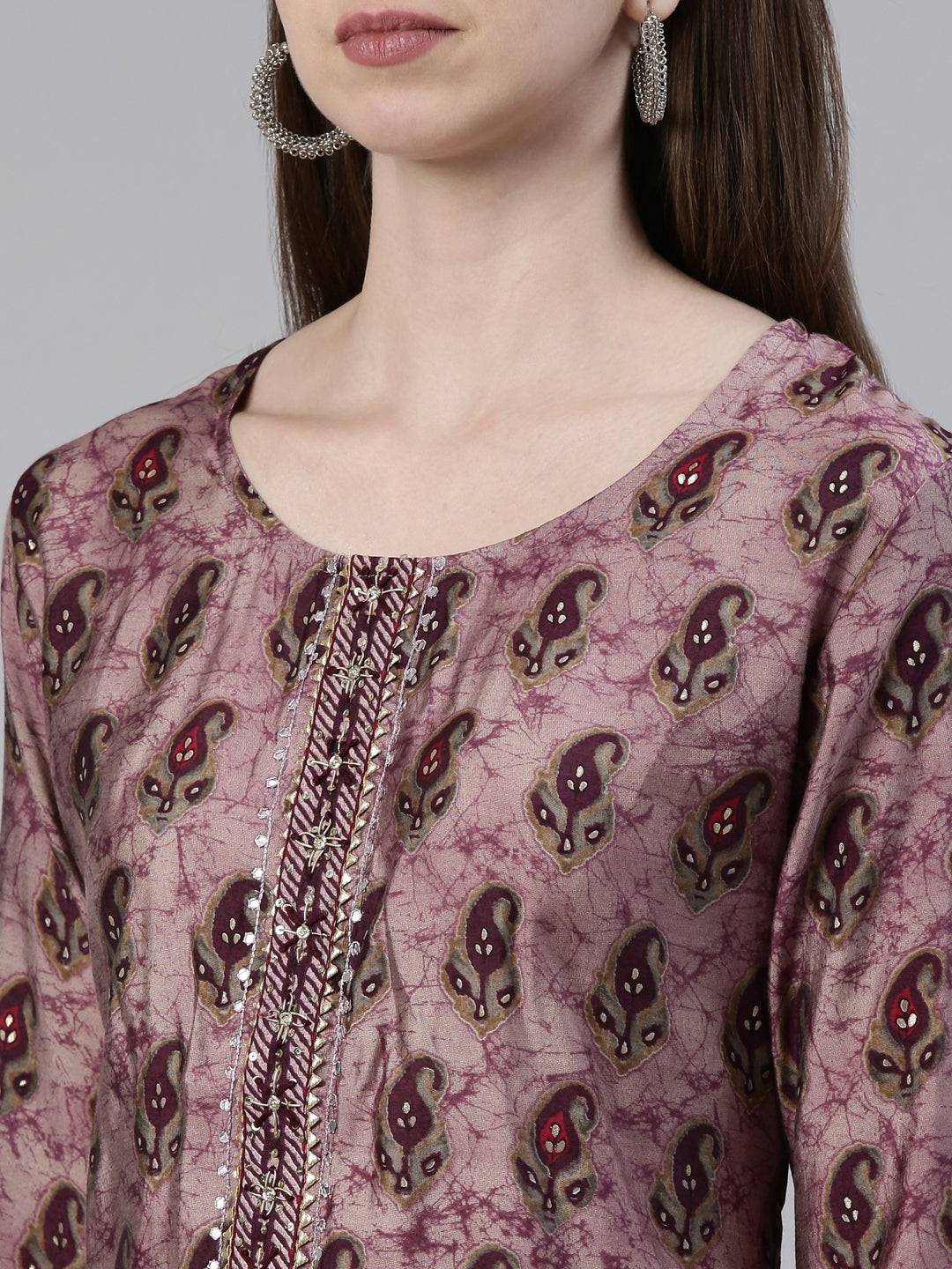 Neerus Purple printed kurta set with trouser and dupatta - detail view 1