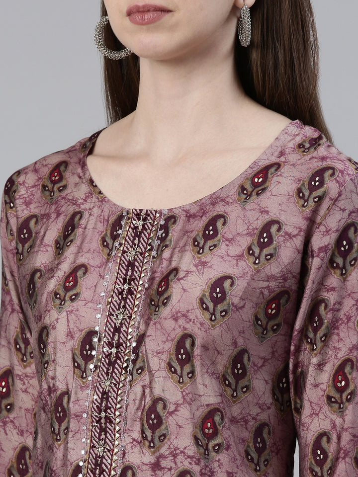 Neerus Purple printed kurta set with trouser and dupatta - detail view 1