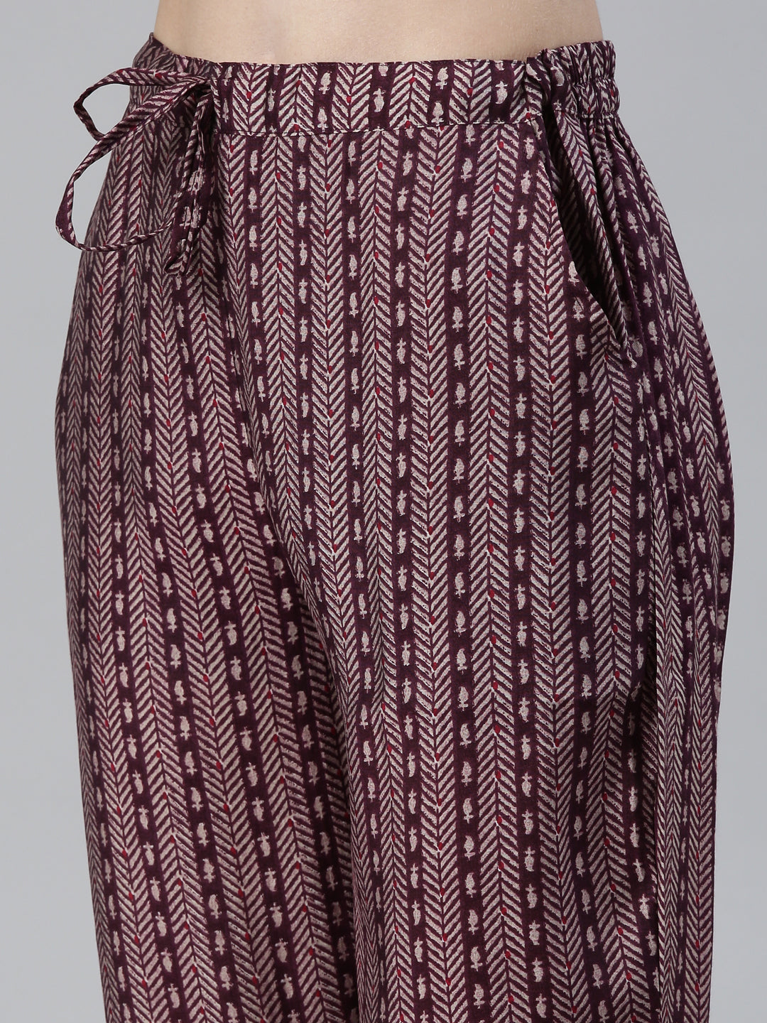 Neerus Purple printed kurta set with trouser and dupatta - detail view 2