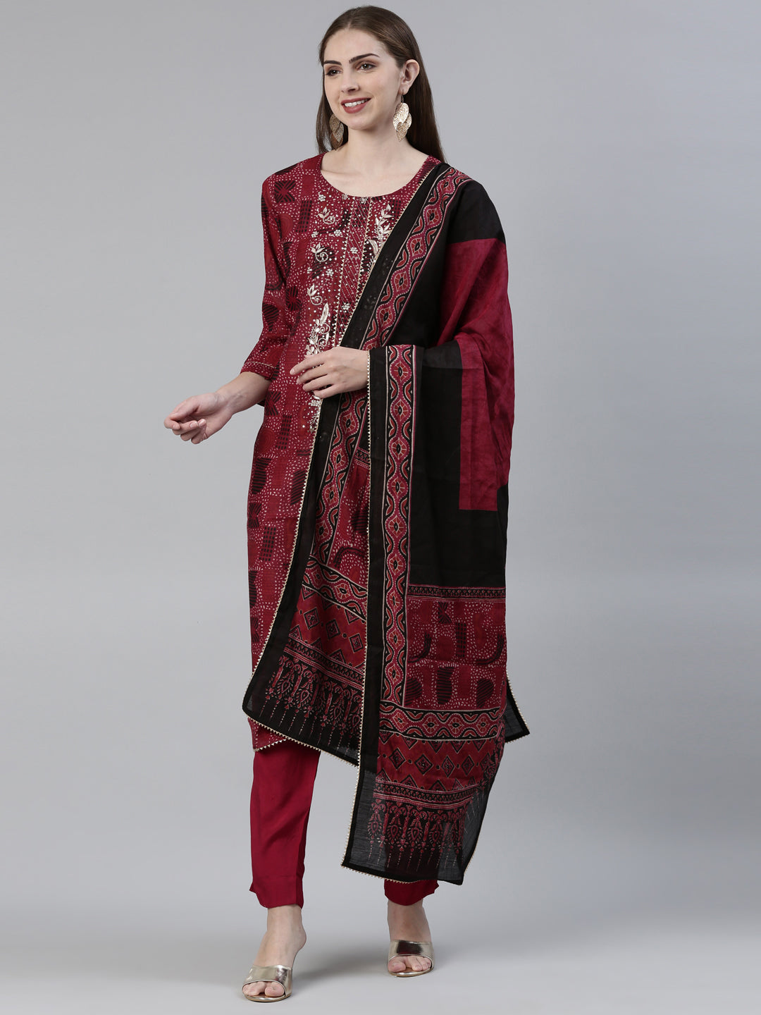 Neerus Maroon printed kurta set with trouser and dupatta - front view