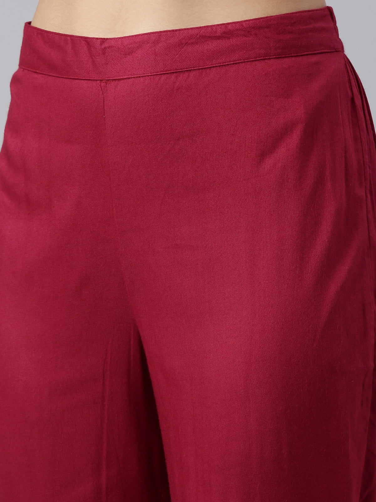 Neerus Maroon Regular Calf Length Printed Kurta Solid Trousers With Dupatta
