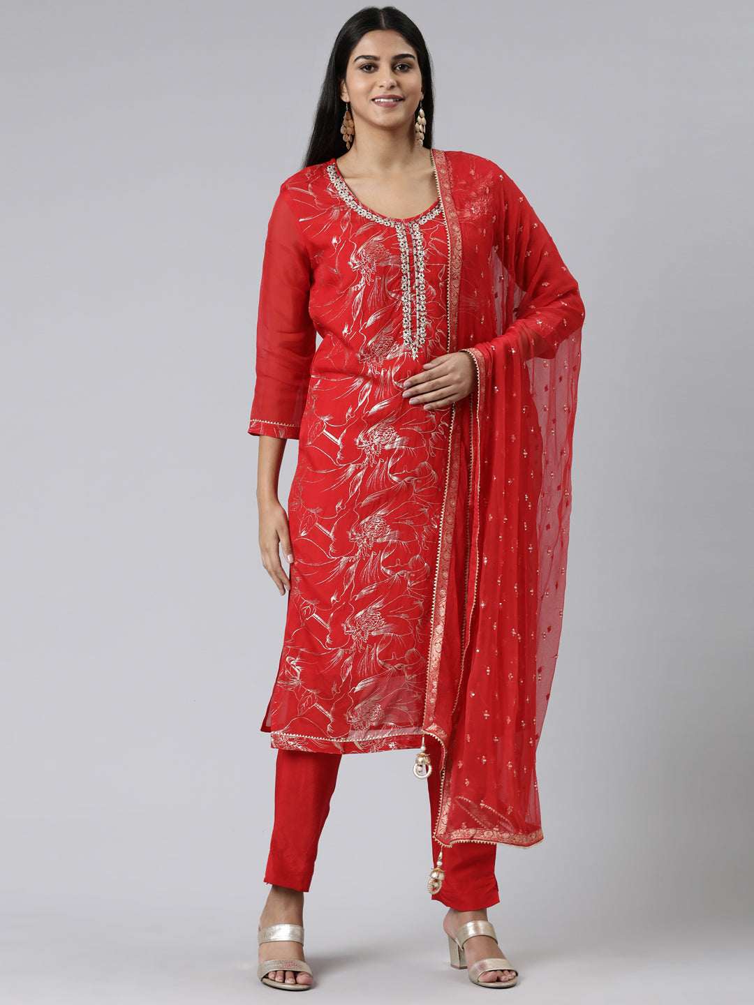 Neerus Red Regular Calf Length Printed Kurta Solid Trousers With Dupatta