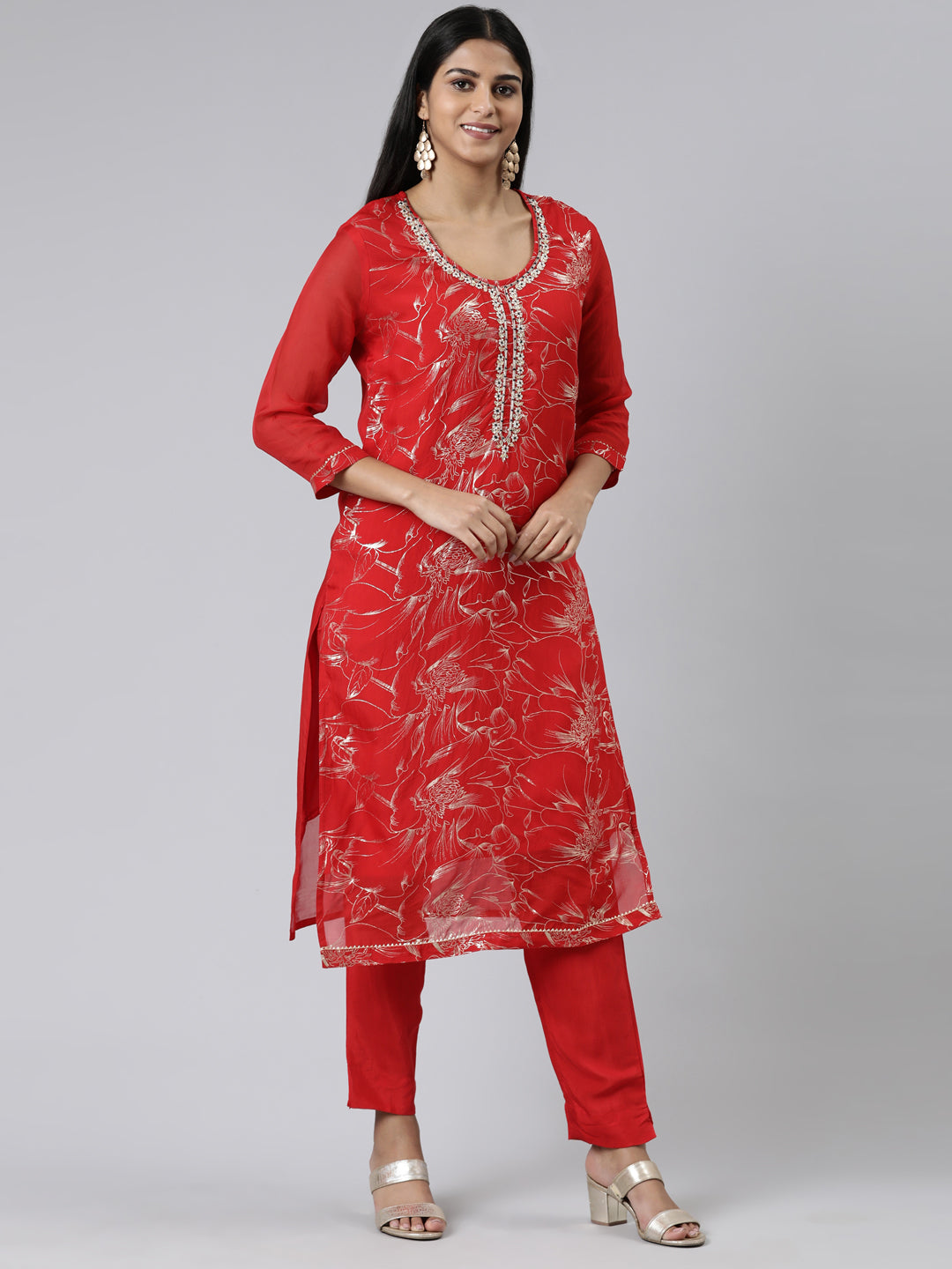 Neerus Red Regular Calf Length Printed Kurta Solid Trousers With Dupatta