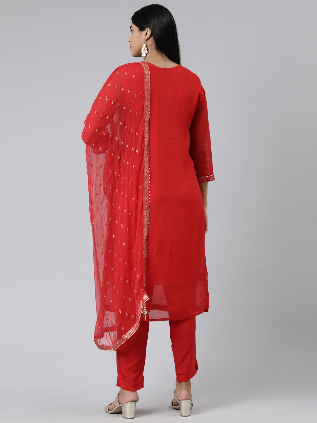 Neerus Red Regular Calf Length Printed Kurta Solid Trousers With Dupatta
