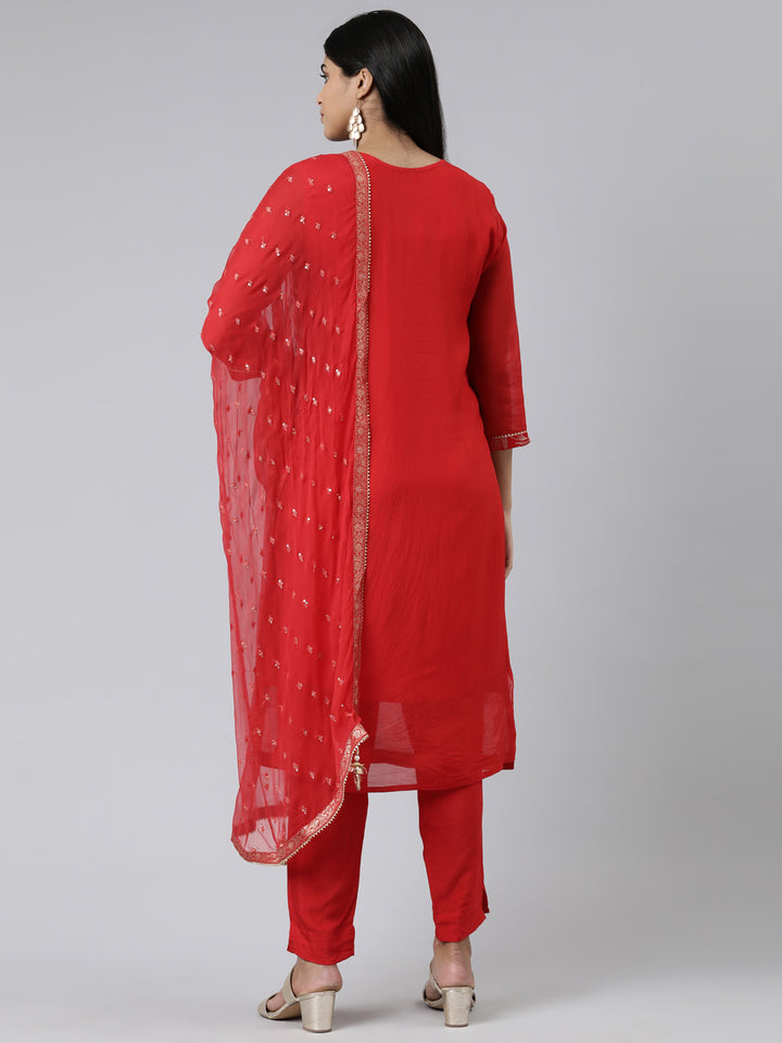 Neerus Red Regular Calf Length Printed Kurta Solid Trousers With Dupatta
