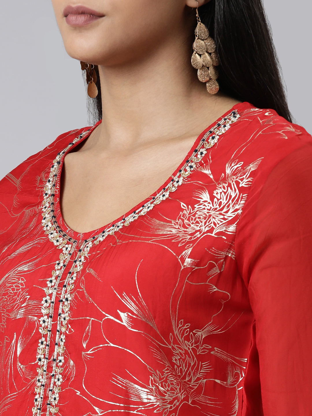 Neerus Red Regular Calf Length Printed Kurta Solid Trousers With Dupatta