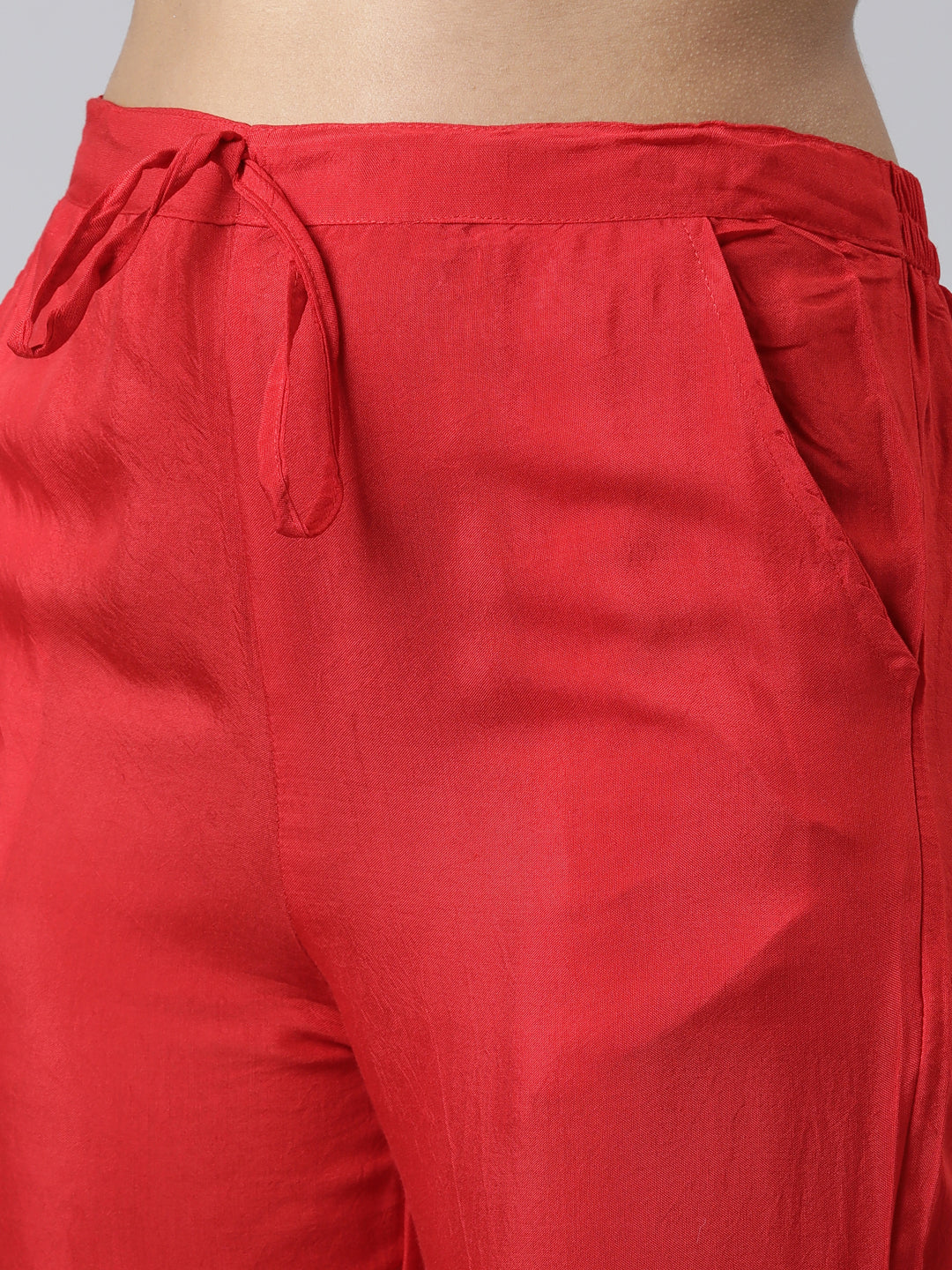 Neerus Red Regular Calf Length Printed Kurta Solid Trousers With Dupatta