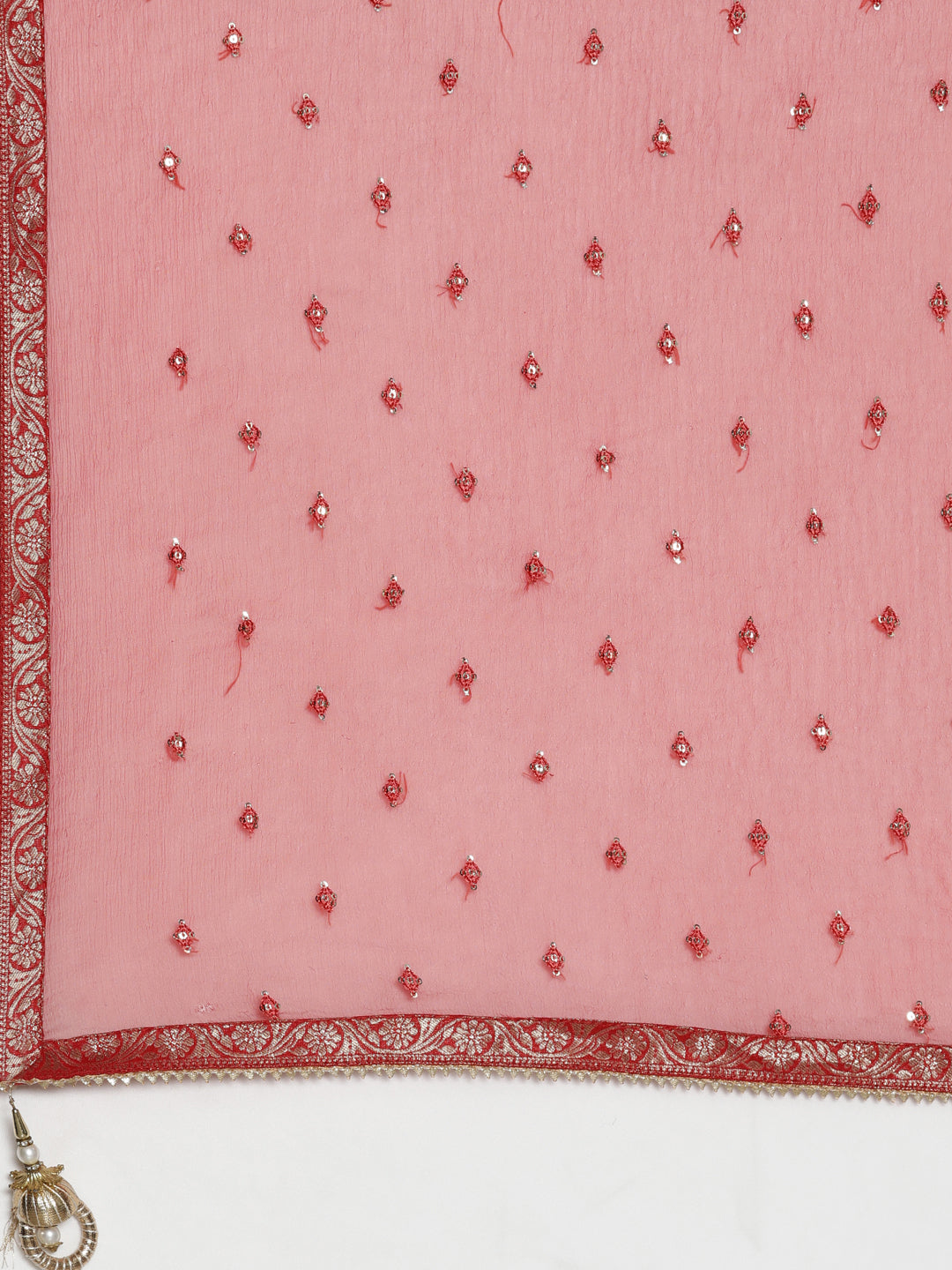 Neerus Red Regular Calf Length Printed Kurta Solid Trousers With Dupatta