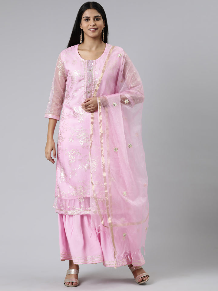 Neerus Pink Regular Calf Length Printed Kurta Solid Palazzos With Dupatta