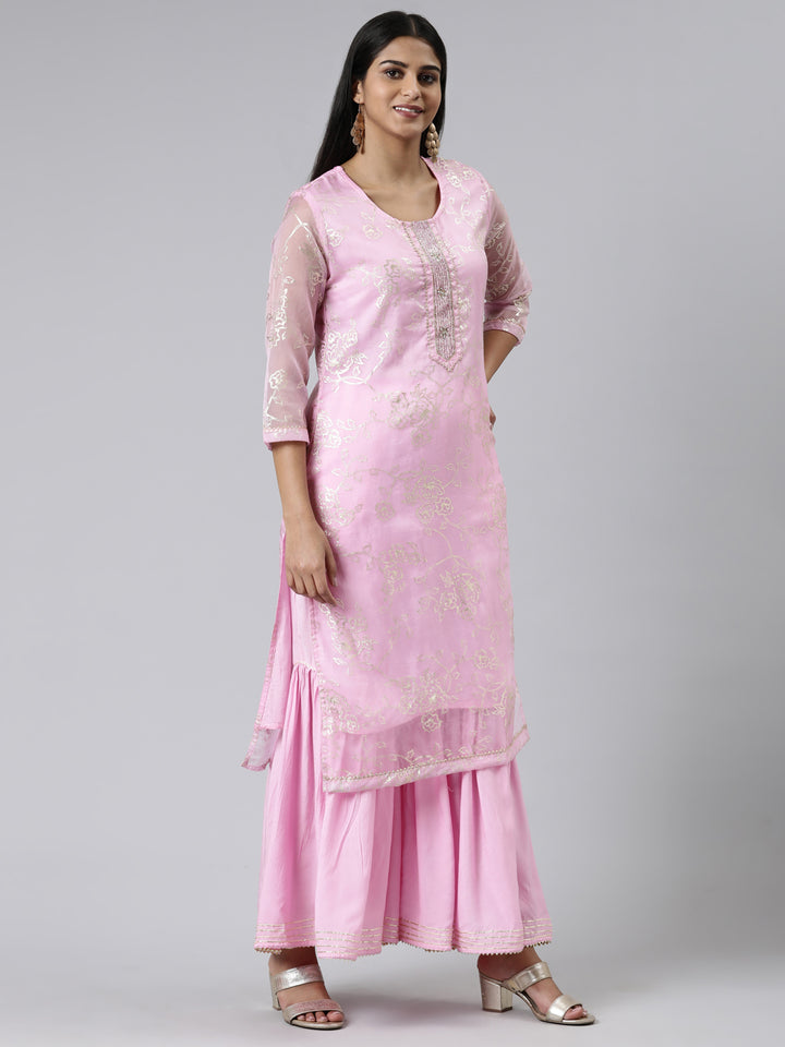 Neerus Pink Regular Calf Length Printed Kurta Solid Palazzos With Dupatta