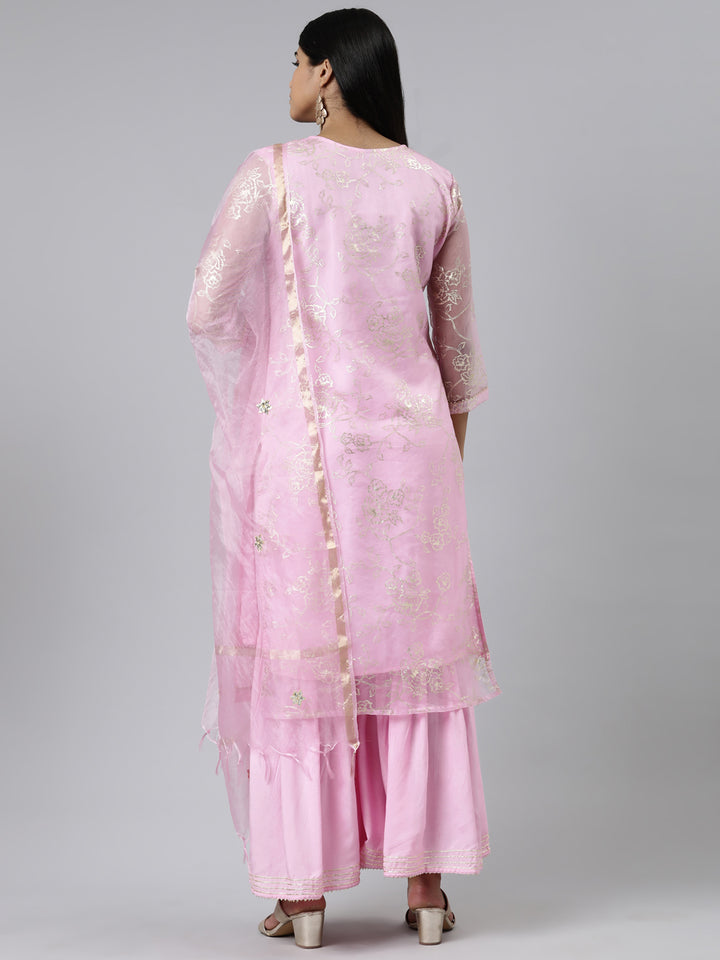 Neerus Pink Regular Calf Length Printed Kurta Solid Palazzos With Dupatta