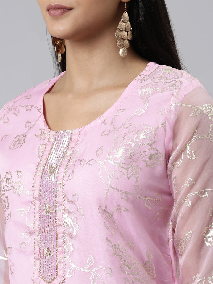 Neerus Pink Regular Calf Length Printed Kurta Solid Palazzos With Dupatta