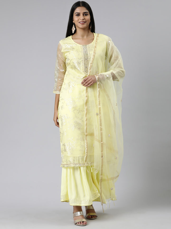 Neerus Yellow Regular Calf Length Printed Kurta Solid Palazzos With Dupatta