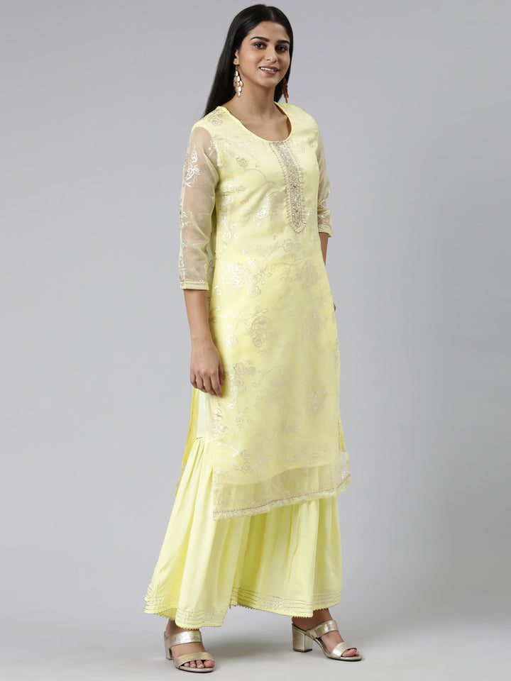 Neerus Yellow Regular Calf Length Printed Kurta Solid Palazzos With Dupatta
