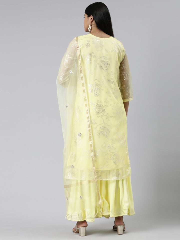 Neerus Yellow Regular Calf Length Printed Kurta Solid Palazzos With Dupatta