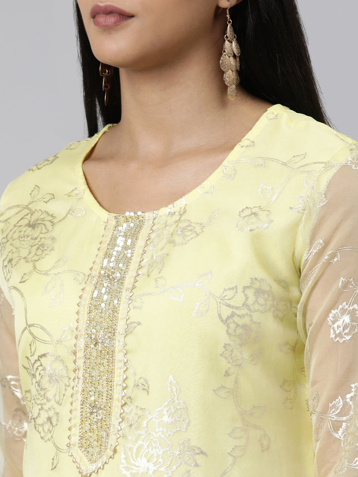 Neerus Yellow Regular Calf Length Printed Kurta Solid Palazzos With Dupatta
