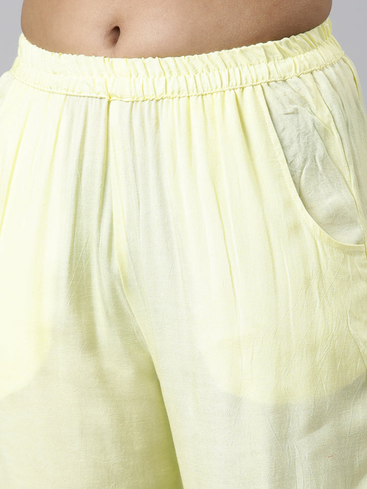 Neerus Yellow Regular Calf Length Printed Kurta Solid Palazzos With Dupatta