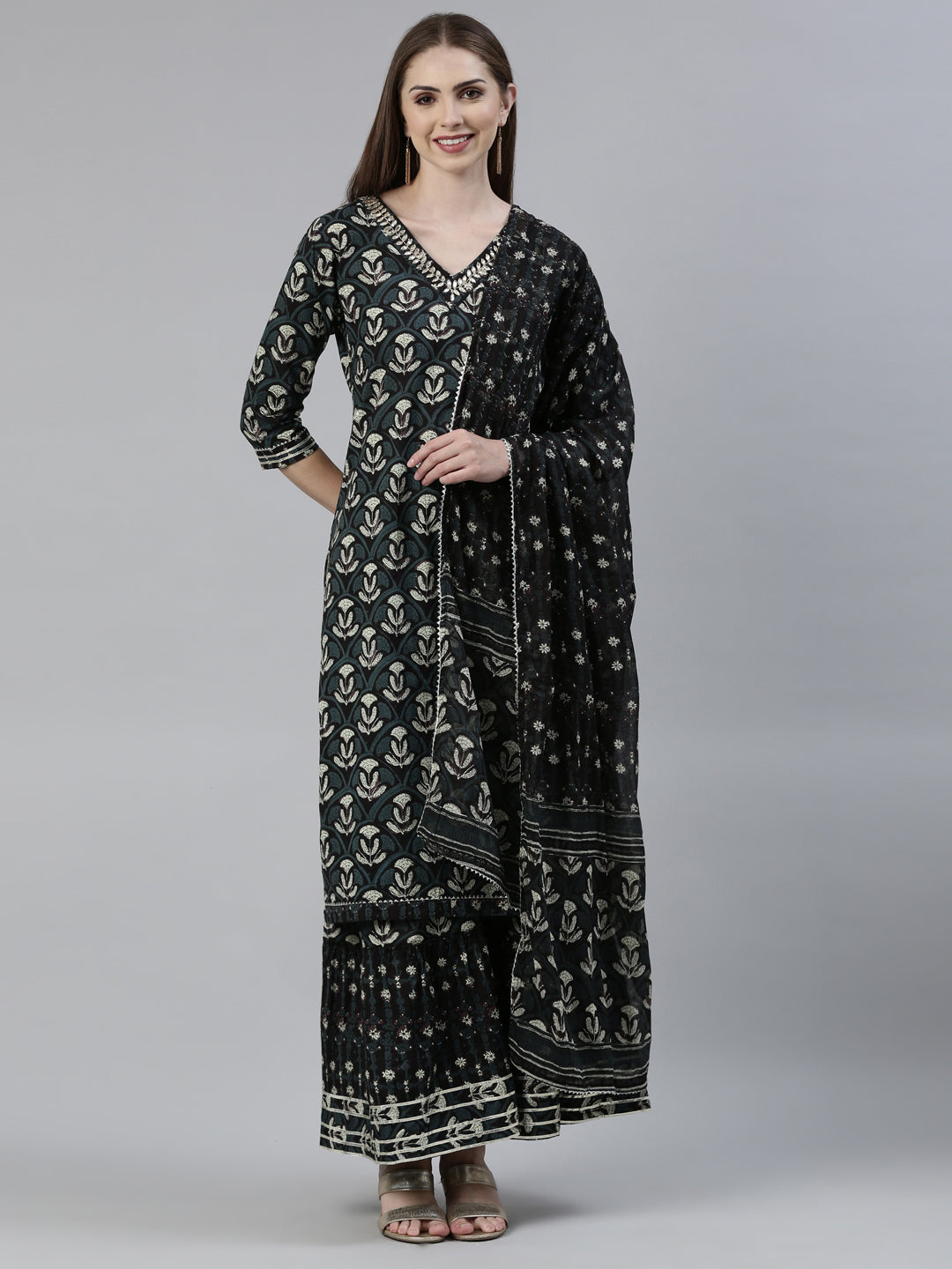 Neerus Grey cotton printed kurta sharara set with dupatta - front view