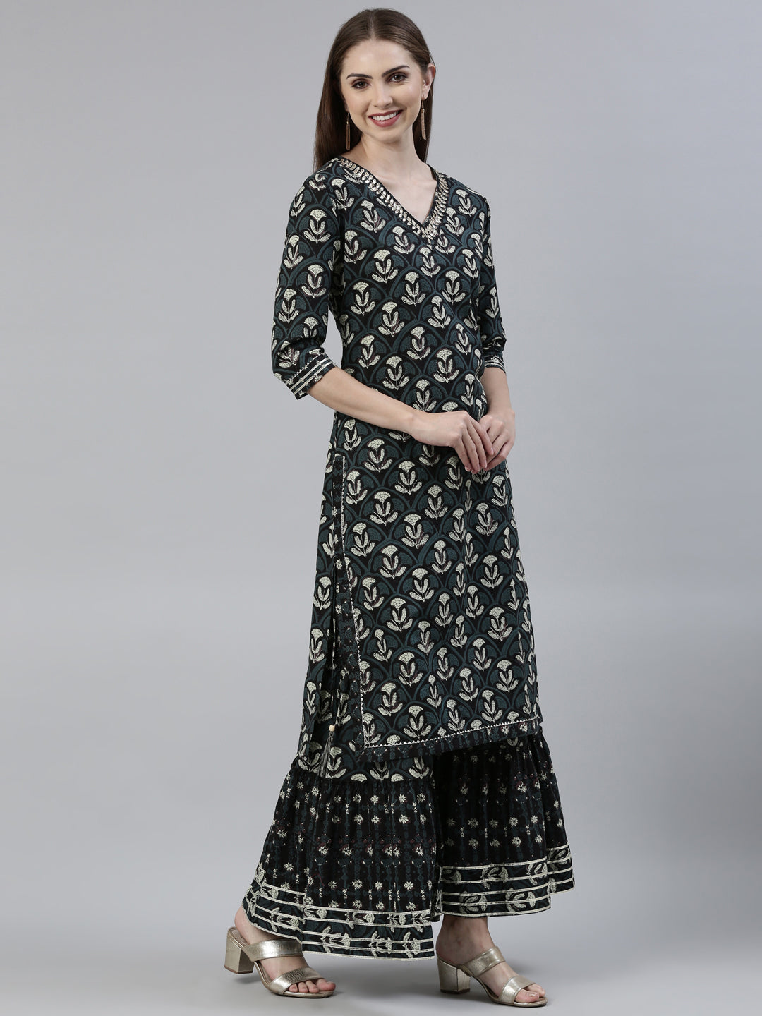 Neerus Grey cotton printed kurta sharara set with dupatta - back view