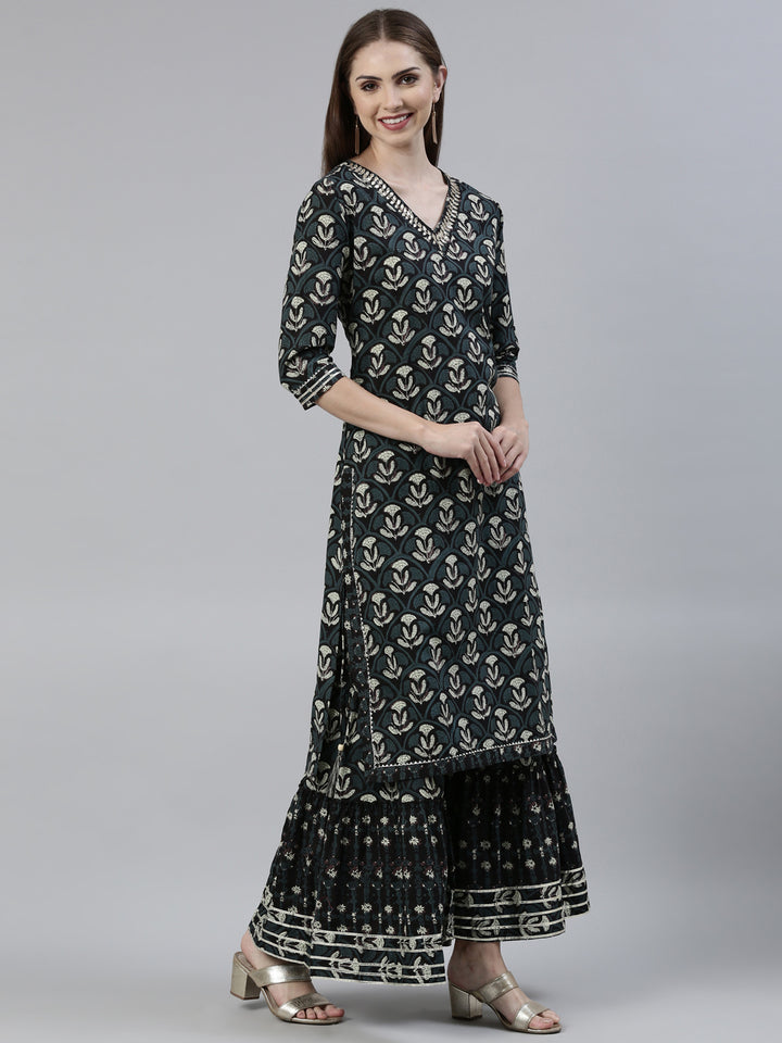 Neerus Grey cotton printed kurta sharara set with dupatta - back view